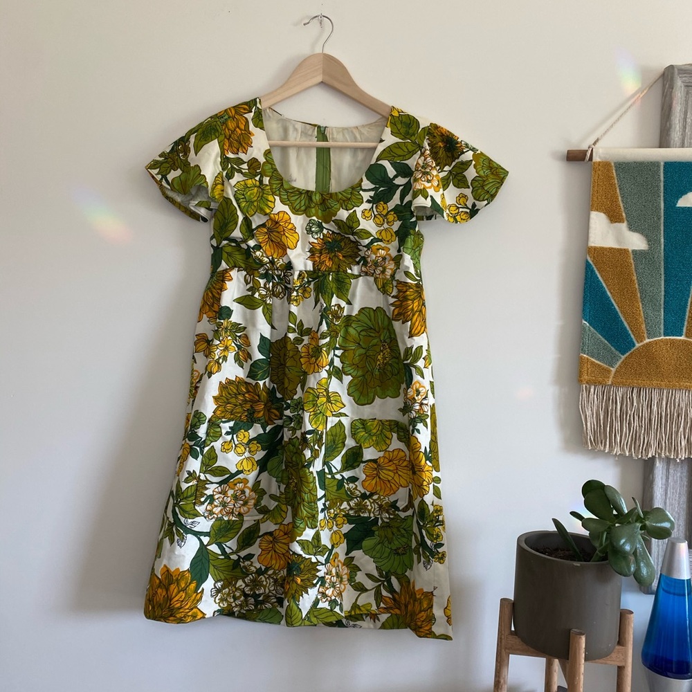 Vintage Green and Yellow Floral Mini Dress